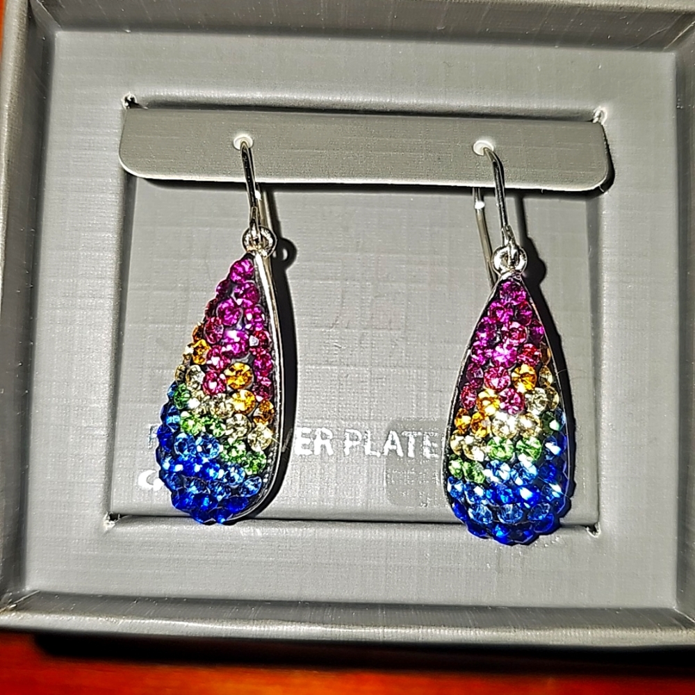 Rainbow crystal rhinestones earrings! Silver plated beautiful bling